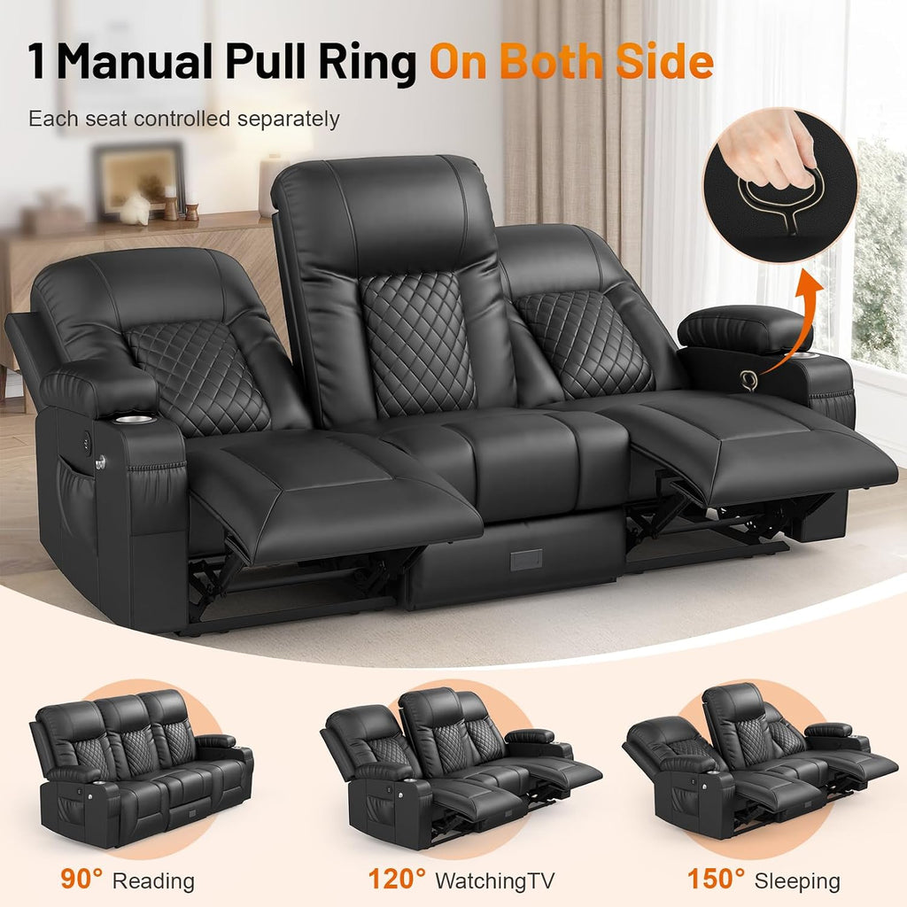 FURNIMAT Loveseat Recliner Sofa, Modern Dual Reclining Sofa with Flip Back Console, 3 Seater PU Leather Loveseat Couch for Living Room/RV, with Storage, USB Ports, Cup Holder, Cell Phone Holder, Black