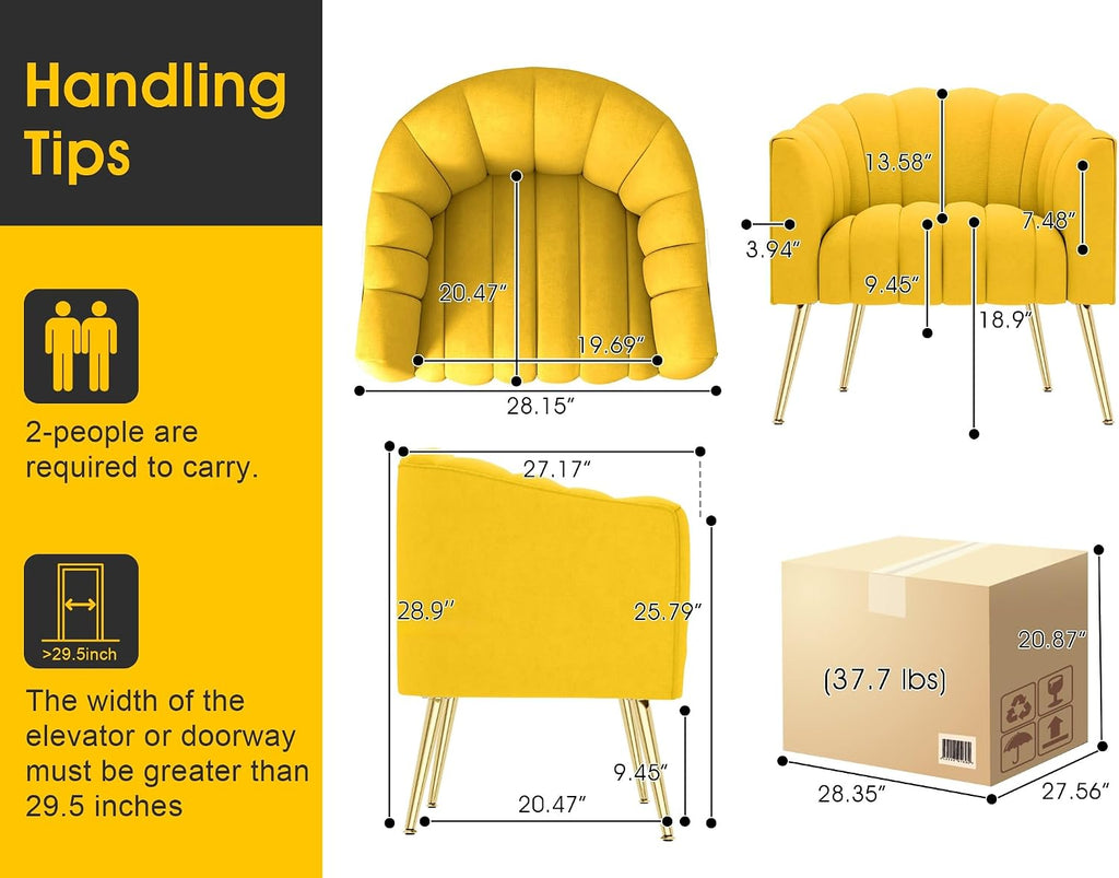 Dewhut Oversized Pumpkin Couch Accent Chair, Modern Comfy Velvet Upholstered Barrel Chairs, Luxury Single Sofa Armchair for Living Room, Waiting Room, Office and Vanity, (Yellow)