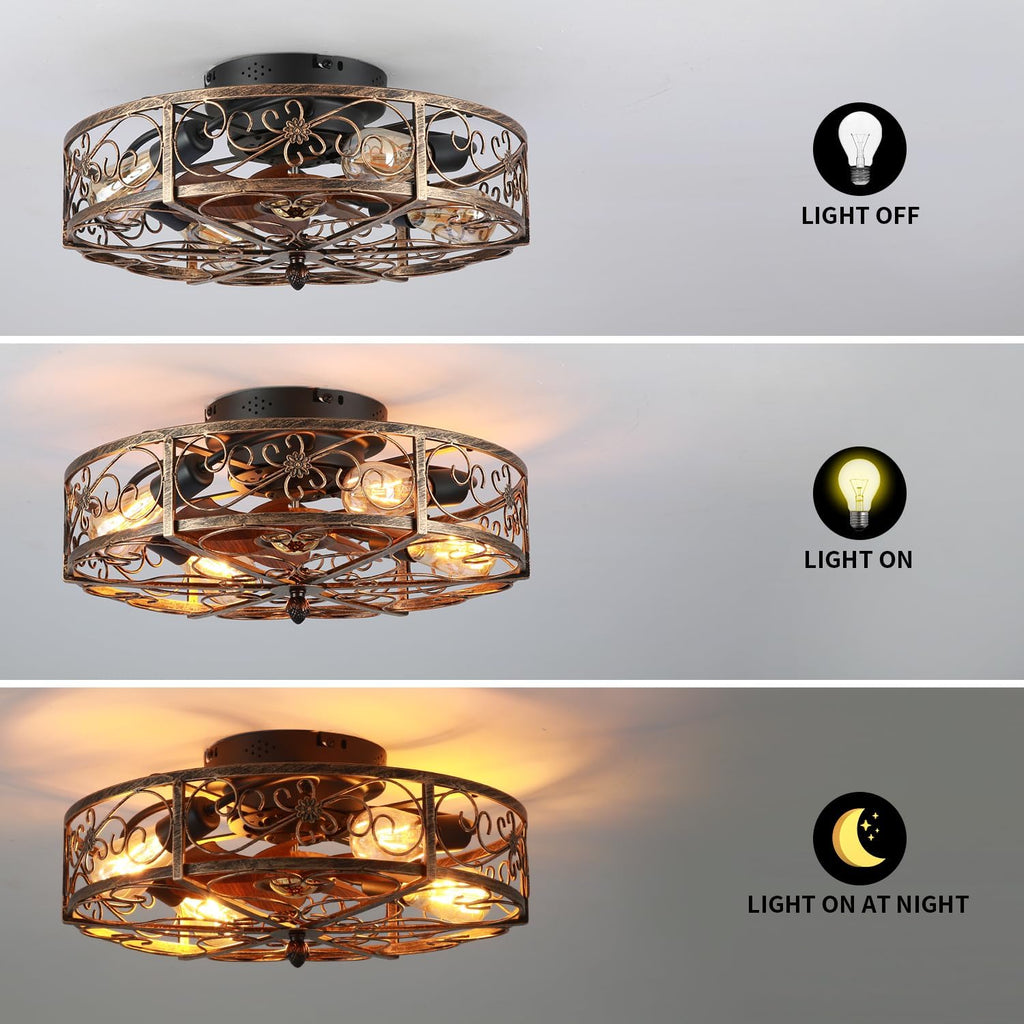 20'' Caged Ceiling Fan with Lights and Remote Control,Small Farmhouse Bladeless Low Profile Ceiling Fans Lights,Vintage Flush Mount Ceiling Light,Reversible Motor 6 Speeds for Bedroom,Living Room