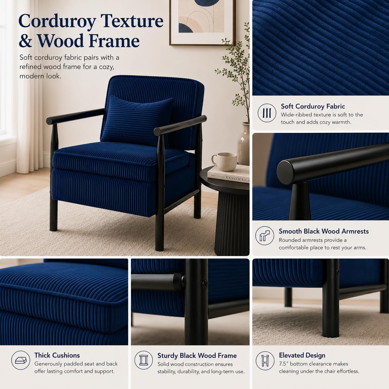 Accent Chair with Hidden Storage, Mid-Century Upholstered Armchair with Solid Wood Frame, Corduroy Fabric Accent Chair for Living Room, Bedroom, and Reading Corner(Blue)