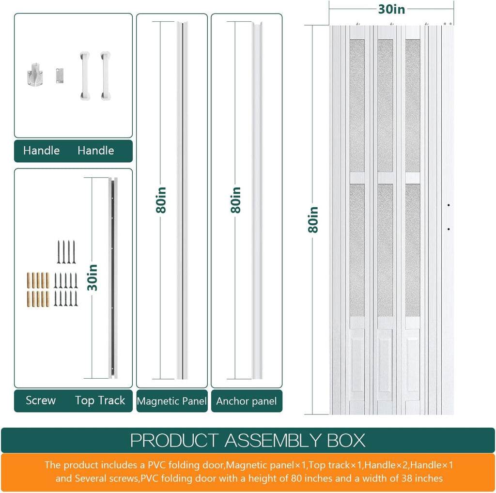 30X80in Accordion Doors Interior,White PVC Folding Door with Handle & Latch, for Closet & Kitchen