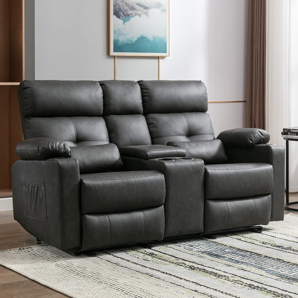 Power Reclining Loveseat with Console, Power Loveseat Recliner Sofa with Heat and Massage, Extended Footrest, Wall Hugger RV Recliner with Cup Holders, Lumbar Support for Living Room