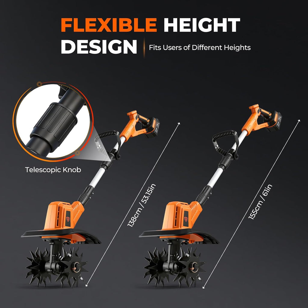 Cordless Electric Tiller Cultivator, 21V Battery Powered Garden Tiller with 2×4.0Ah Batteries, 9″ Tilling Width & 6.6″ Depth, 360RPM 48 Rust-Resistant Blades for Soil & Gardening
