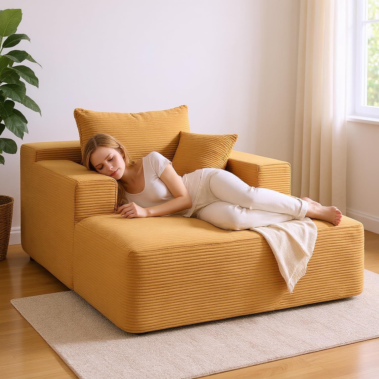 Container Furniture Direct Dawson Convertible Chaise Lounge Chair Indoor – Oversized Corduroy Couch with Wide Armrest & Throw Pillows, Cozy Boneless Sleeper Sofa Bed Armchair, Ginger Yellow