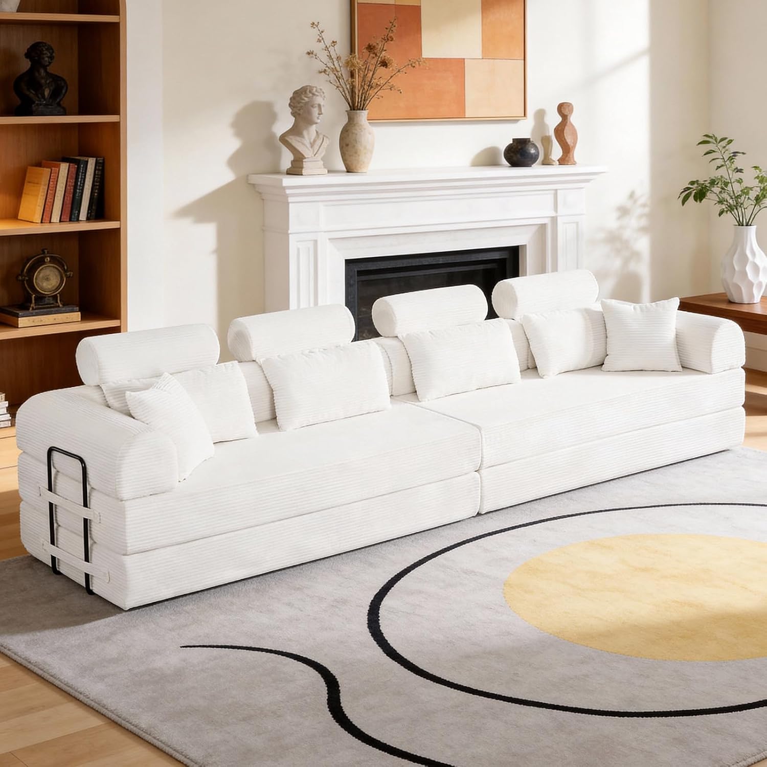 KEIKI 6-in-1 Folding Convertible High Back Sofa Sleeper, 106' Oversized Modular Sectional Corduroy Upholstered L Shape Couches for Living Room, High-Density Foam for Large Apartment Living, Beige