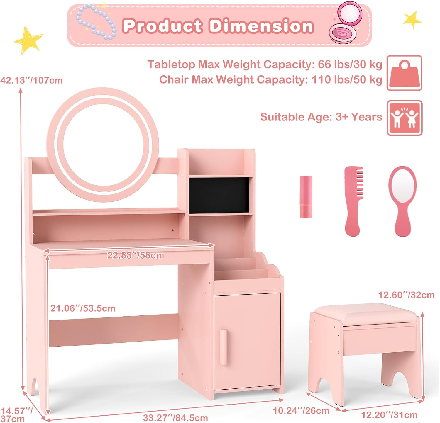 INFANS Kids Vanity with Lights, Princess Makeup Desk with Mirror Storage Shelves, Toddler Table and Chair Set Pretend Play for Girls Aged 4-9