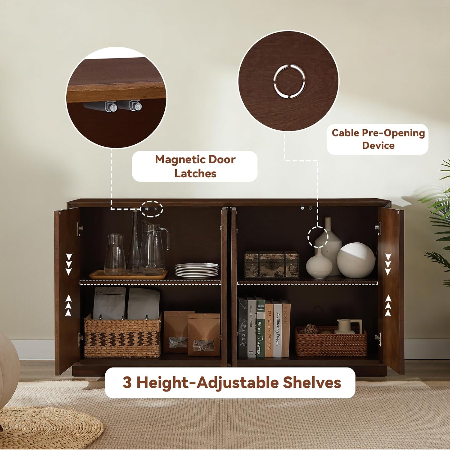 LKTART 59' Sideboard Buffet Cabinet Retro Accent Storage Cabinet with Magnetic Door Latches Adjustable Shelf for Living Room Kitchen(Walnut)