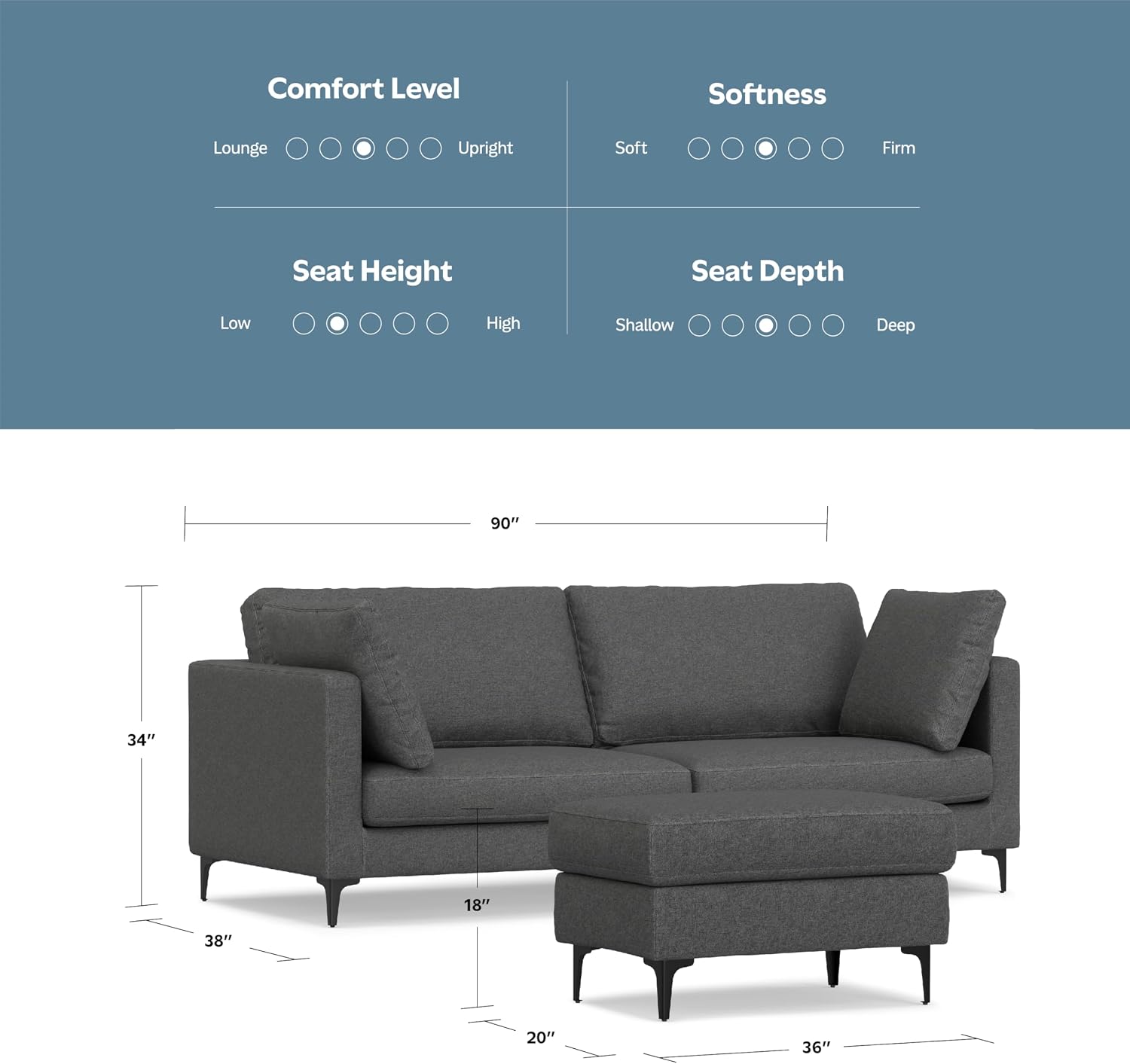 SIMPLIHOME Ava Sofa and Ottoman in 100% Recycled Polyester Performance Fabric, Pebble Grey, 90-inch-Wide 3-Seater Couch and Matching 36-inch-Wide Table Ottoman for Living Room, 2-Piece Set