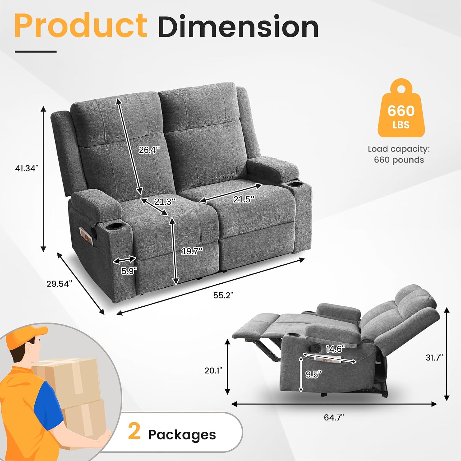 Loveseat Recliner, Double Recliner Loveseat with Adjustable Footrest & Cup Holder, Wall Hugger Recliner for Living Room & Home Theater & RV(Gray)