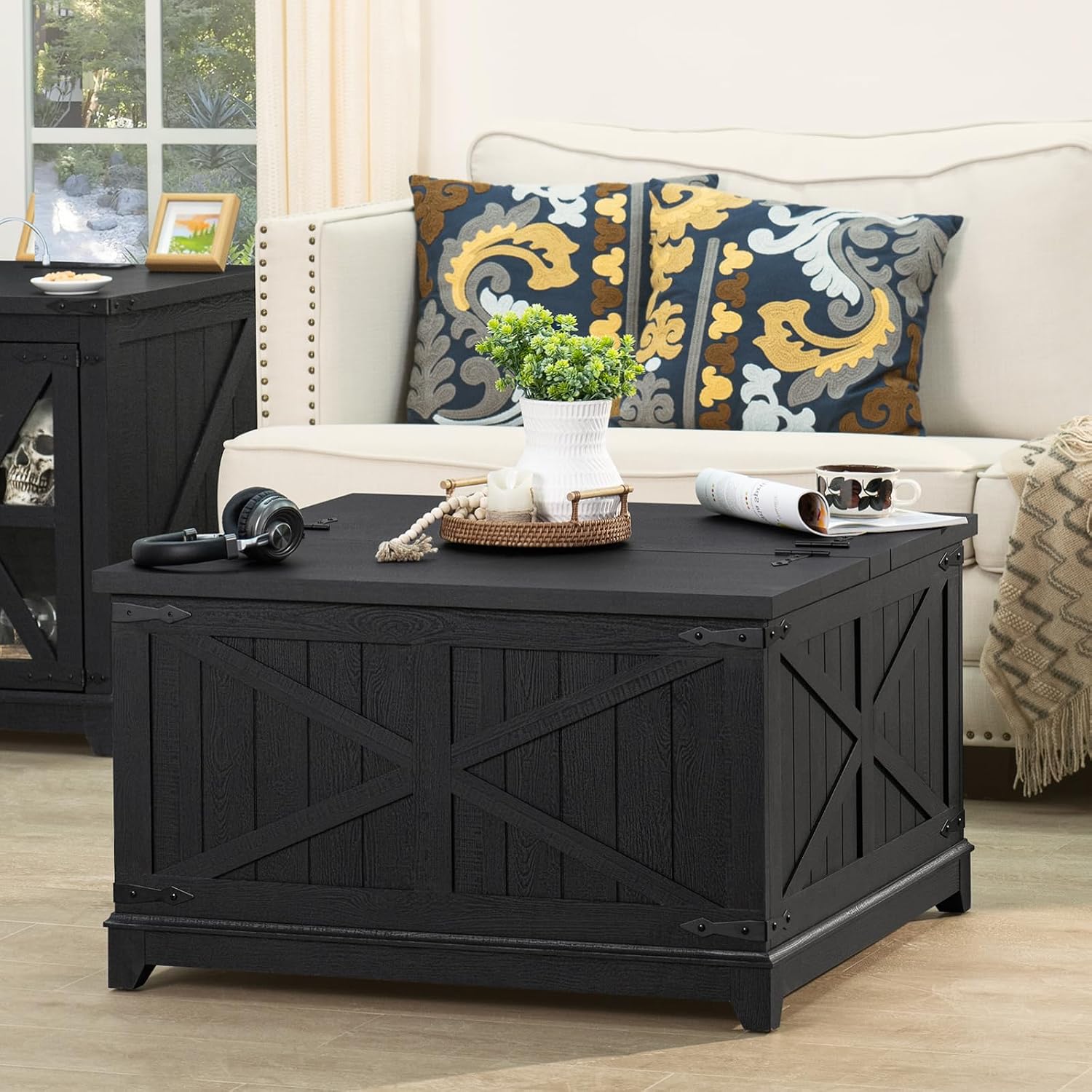 Joaxswe Farmhouse Coffee Table with Hidden Storage Organizer, Black Square Large Center Table, Wood Farm House Low Modern Living Room Tables with Hinged Lift Top for Home, Office