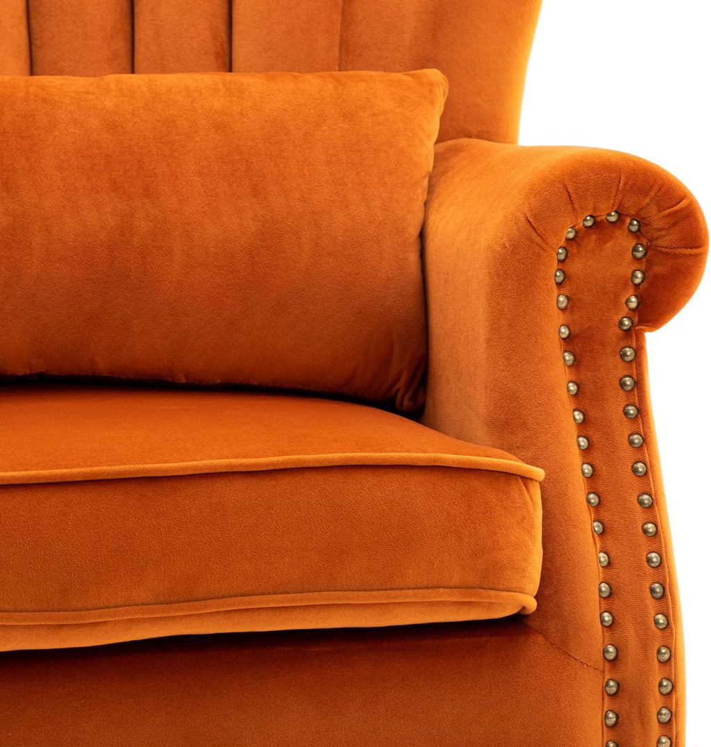 Kmax Orange Accent Chair Velvet Wingback Chair with Pillow Nail-Head Channel Tufted Oversized Club Chair for Living Room Bedroom Guest Room