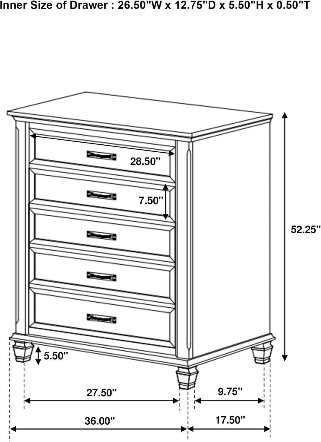 Coaster Home Furnishings - Franco - Wood - 5-Drawer Chest with Bar-Style Handles and Soft-Closing Glides - Farmhouse - Bedroom - Distressed White - 205335
