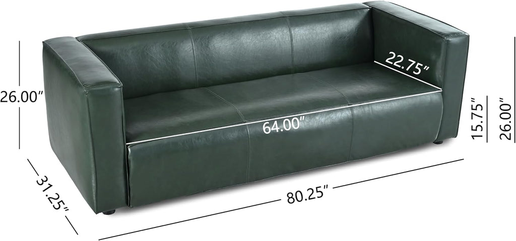 Christopher Knight Home Vevia Faux Leather Sofa, 3 Seater Couch, Upholstered Sofa, Large Lounge Chair, Birch Wood Legs Armchair, Classic Tuxedo Design Couch for Living Room Bedroom, Green