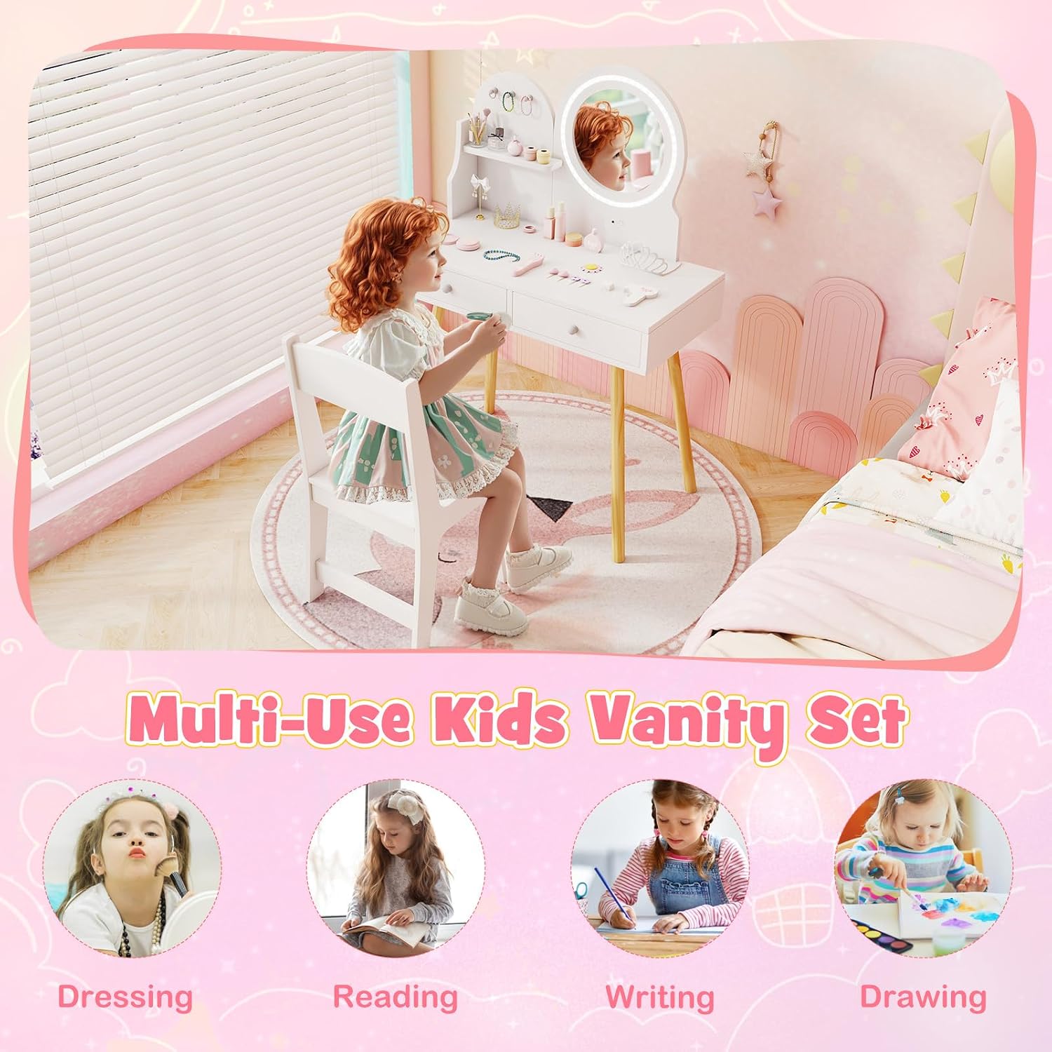 HONEY JOY Kids Vanity, Little Girls Vanity Set with Mirror and Stool and Lights, Drawers, Toddler Makeup Vanity Dressing Table, Wooden Pretend Play Kids Vanity Table and Chair Set (White)