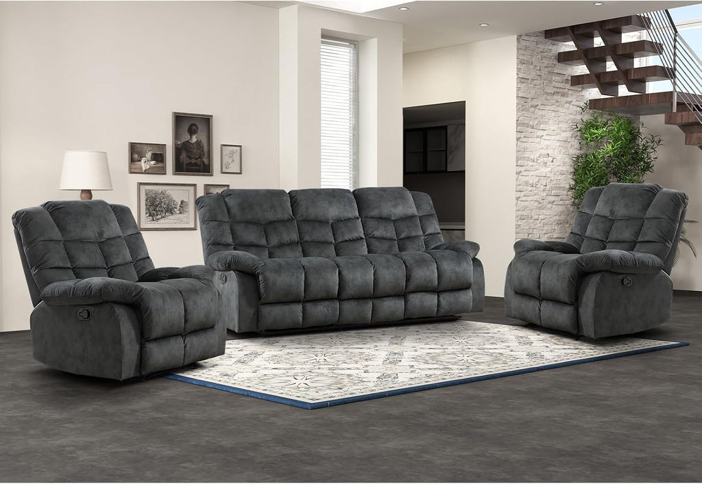 EBELLO Manual Recliner Couch Set, Soft Fabric Reclining Living Room Sofa Set, Included 2 Single Recliner Chair and 3PC Bonded Sofa Couch, Grey Green