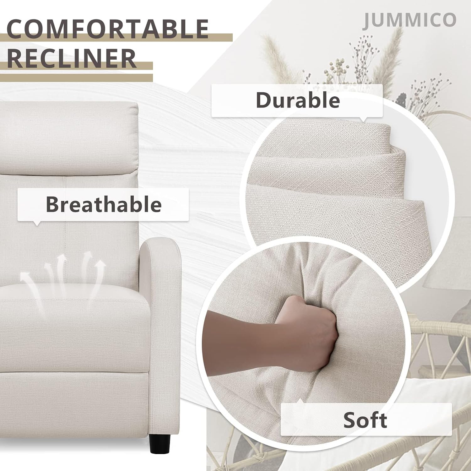 JUMMICO Recliner Chair Adjustable Home Theater Single Recliner Sofa Furniture with Thick Seat Cushion and Backrest Modern Living Room Recliners (Fabric, Beige)