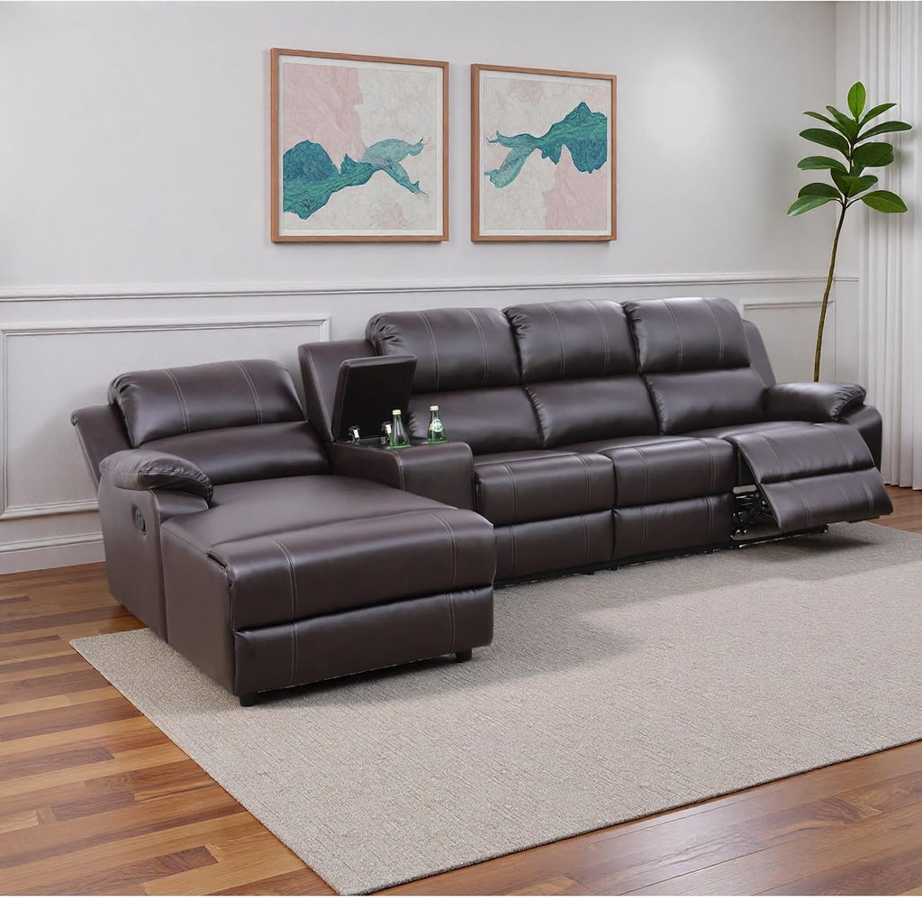 Recliner Sofa Set, Breathable Leather 3-Piece Reclining Couch Set, Living Room Furniture Set with Manual Recliners, Loveseat with Console, Cup Holders & Storage for Home Theater, Brown