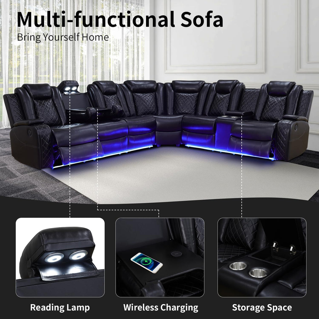 Power Recliner Sofa Sectional Couch with LED Light for Living Room,Leather Reclining Corner Sectional Sofa with 2 Recliner Seats,Cup Holder,Storage Console for House/Home Theater, Black