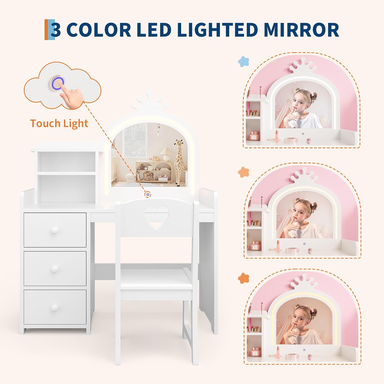 GAOMON Kids Vanity Table and Chair Set with Mirror & LED Lights, 2-in-1 White Princess Wooden Makeup Desk with Storage Shelves and Drawers, Pretend Play, White