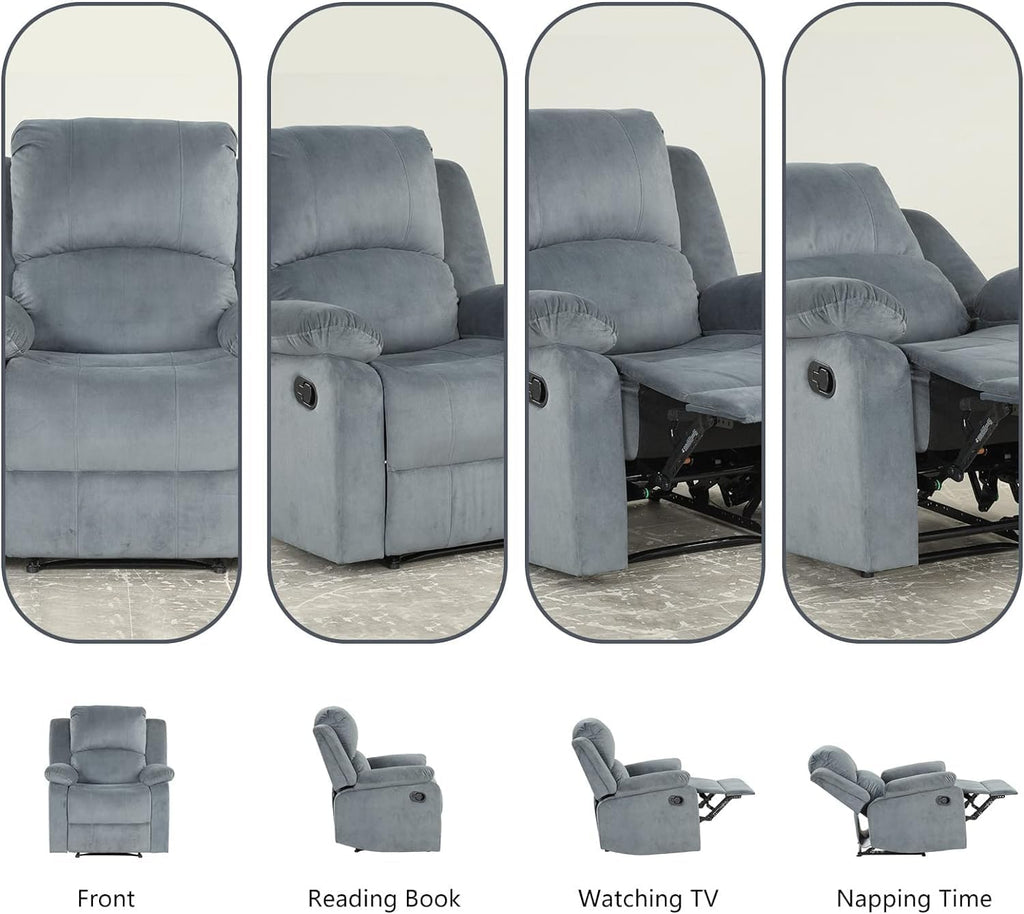 CANMOV Manual Recliner Chair Set of 2, Soft Fabric Overstuffed Recliner Single Sofa Chair for Living Room, Heavy Duty and Safety Reclining Mechanism (Grey)