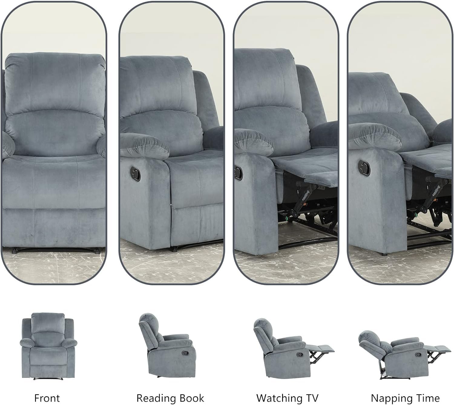 CANMOV Manual Recliner Chair Set of 2, Soft Fabric Overstuffed Recliner Single Sofa Chair for Living Room, Heavy Duty and Safety Reclining Mechanism (Grey)