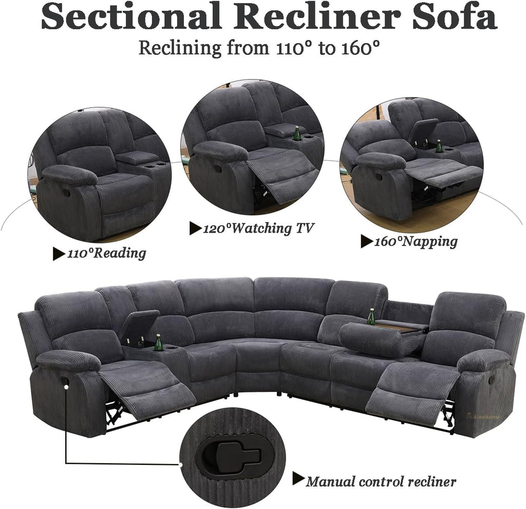 A Ainehome Manual Sectional Recliner Sofa Set with Storage, Living Room Furniture Set Corduroy Sofa Sets Manual Reclining Sectional Couches for Living Room with 4 Recliner Seats(Dark Grey)