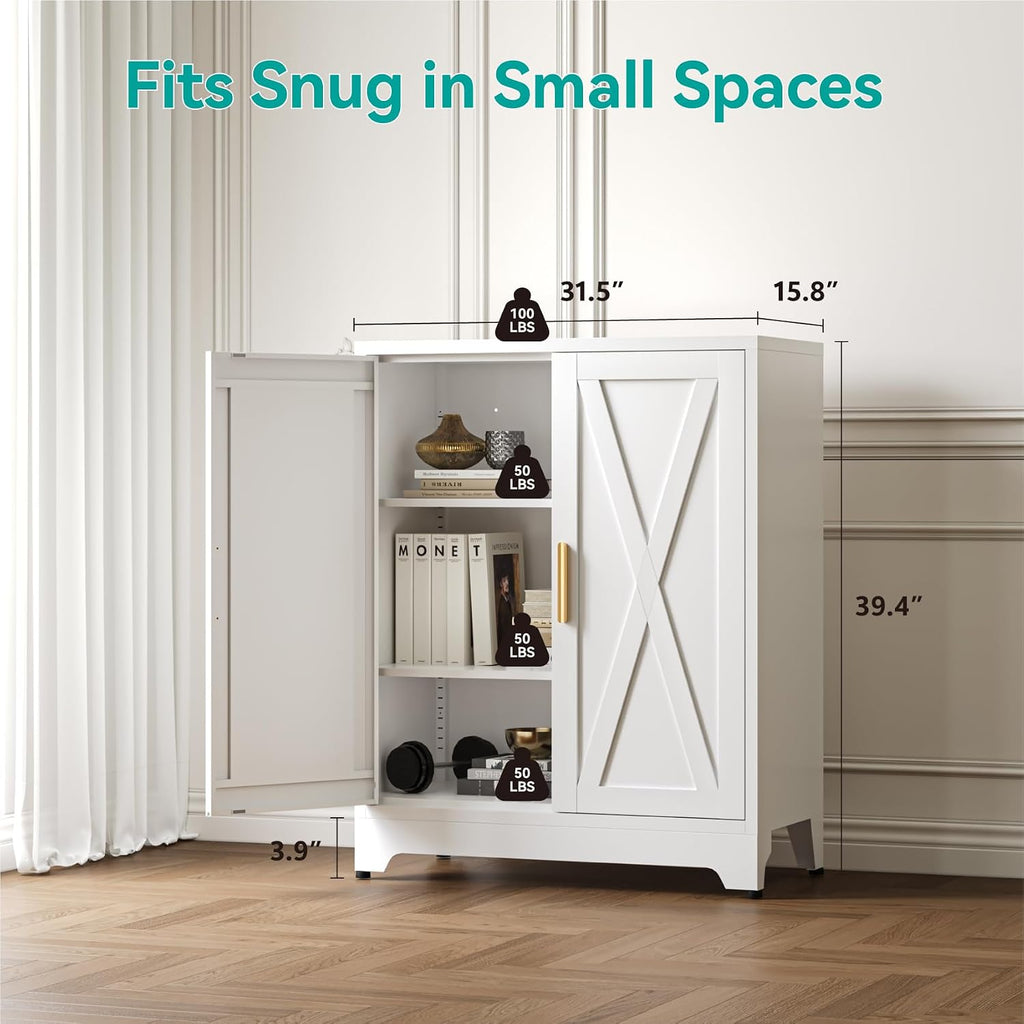 39.5'H Farmhouse Metal Floor Cabinet,31.5' Wide by 15.8' Deep Sideboard Storage with 2 Adjustable Shelves,Modern Cabinet for Bathroom Entryway Living Room Hallway Dining Room Kitchen,White