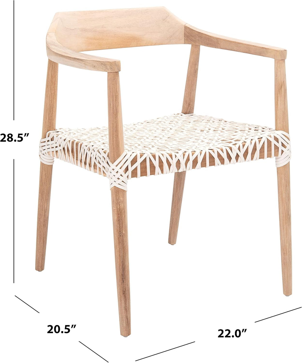 SAFAVIEH Home Collection Munro Natural Teak Wood/White Leather Woven Accent Chair (Fully Assembled)