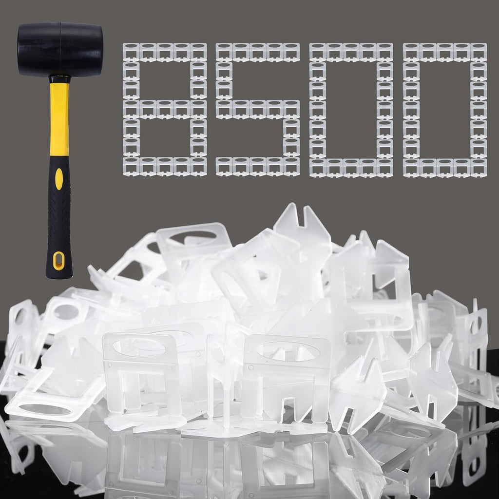 Tile Leveling System 1/8' Spacers Tile Leveler Clips 8500 Pcs and 16 oz Rubber Mallet Hammer .Tile Tools Set for Professional Ceramic and Stone Installation