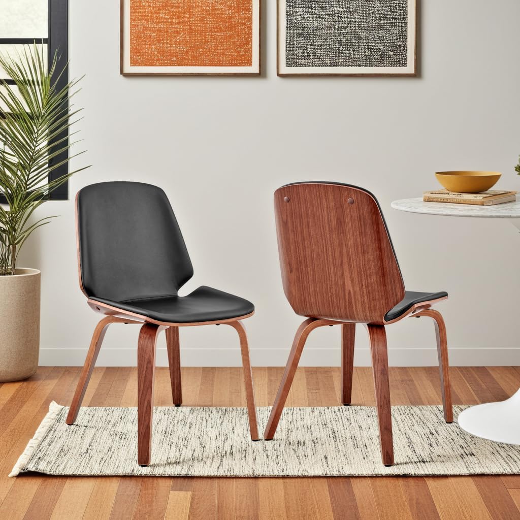 Armen Living Brinley Faux Leather Wood Dining Room Accent Chair, Black/Walnut 19 x 33 x 22