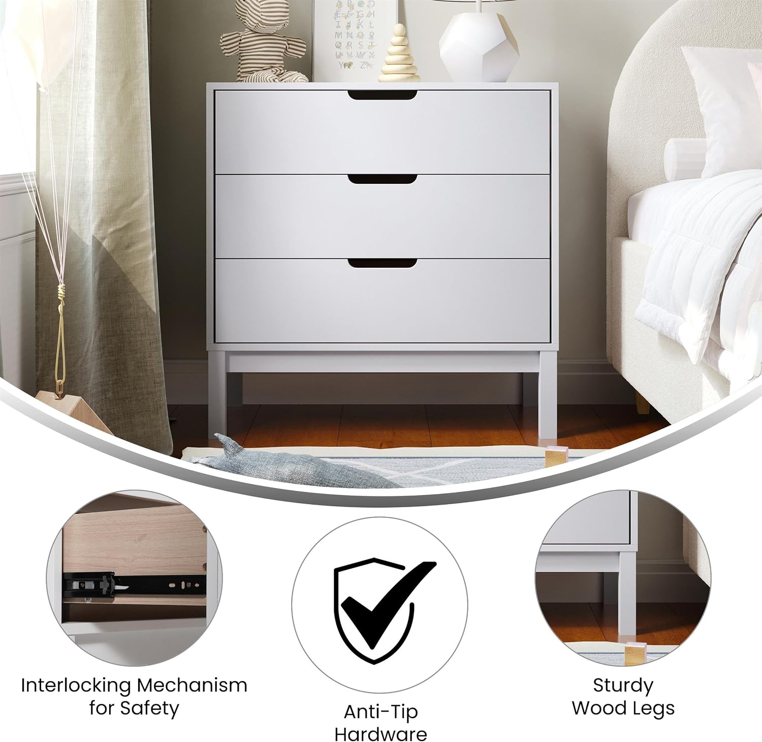 Flash Furniture Dallas Wood Dresser for Kids Bedroom, 3 Drawers, Solid Wood Frame, Interlocking Safety Mechanism, Smooth Ball Bearing Slides, White