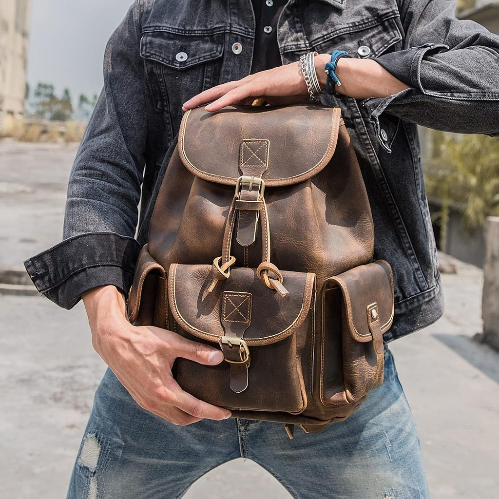 Polare Vintage Full Grain Leather Rucksack Backpack Casual Travel Satchel Bag Daypack For Men Women