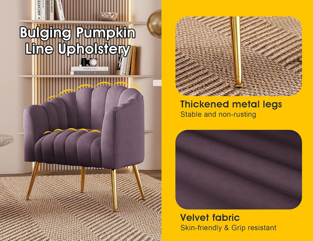 Dewhut Oversized Pumpkin Couch Accent Chair, Modern Comfy Velvet Upholstered Barrel Chairs, Luxury Single Sofa Armchair for Living Room, Waiting Room, Office and Vanity, (Purple)