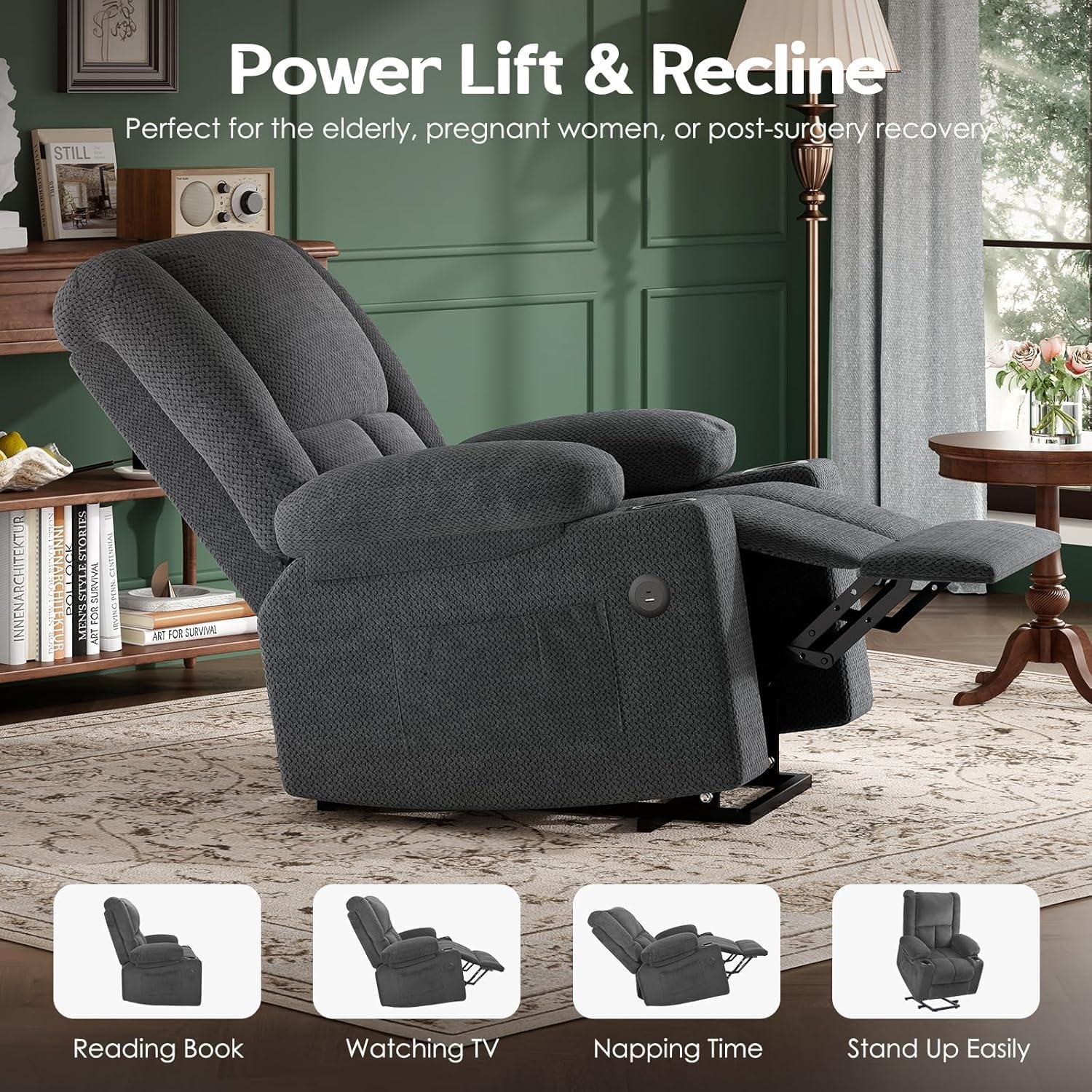 Small-Size Lift Chair for Elderly, Recliner Chair with Massage & Heat, Electric Lift Recliner Chair for Living Room with Side Pocket, USB & Type-C Charge Port, Grey