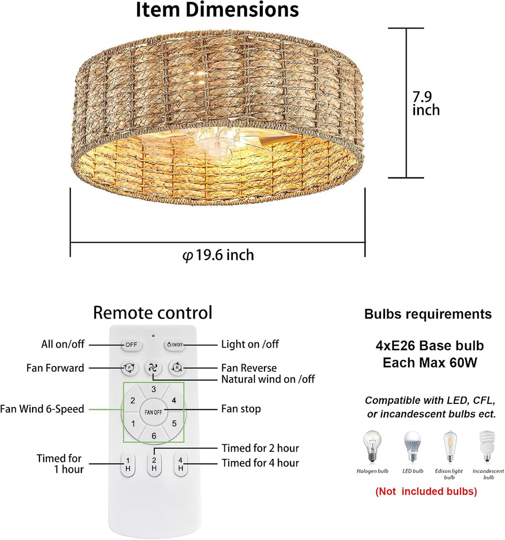 20' Fandelier Rattan Boho Ceiling Fans ，Rattan chandelier，Boho， Remote Control, 6 Speeds, Handwoven，also has 1 hour/2 hours/4 hours timer off function，for Bedroom, Living Room, Dining Room, Yoga Room