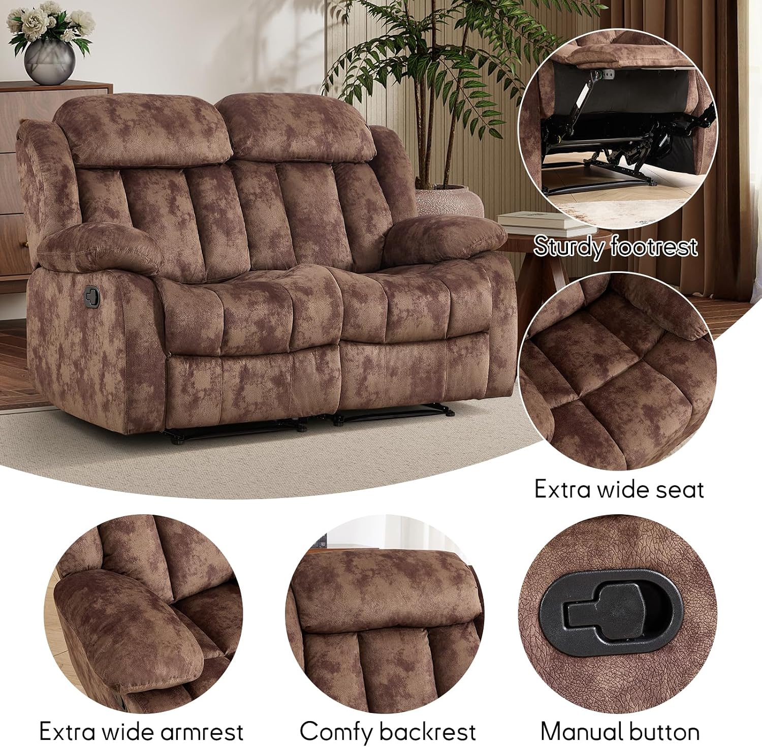 EBELLO Manual Reclining Sofa Set, Classic Recliner Sofa with Overstuffed Arms and Backrest, Include 1 Recliner Chair, 1 Loveseat Couch, Dark Brown