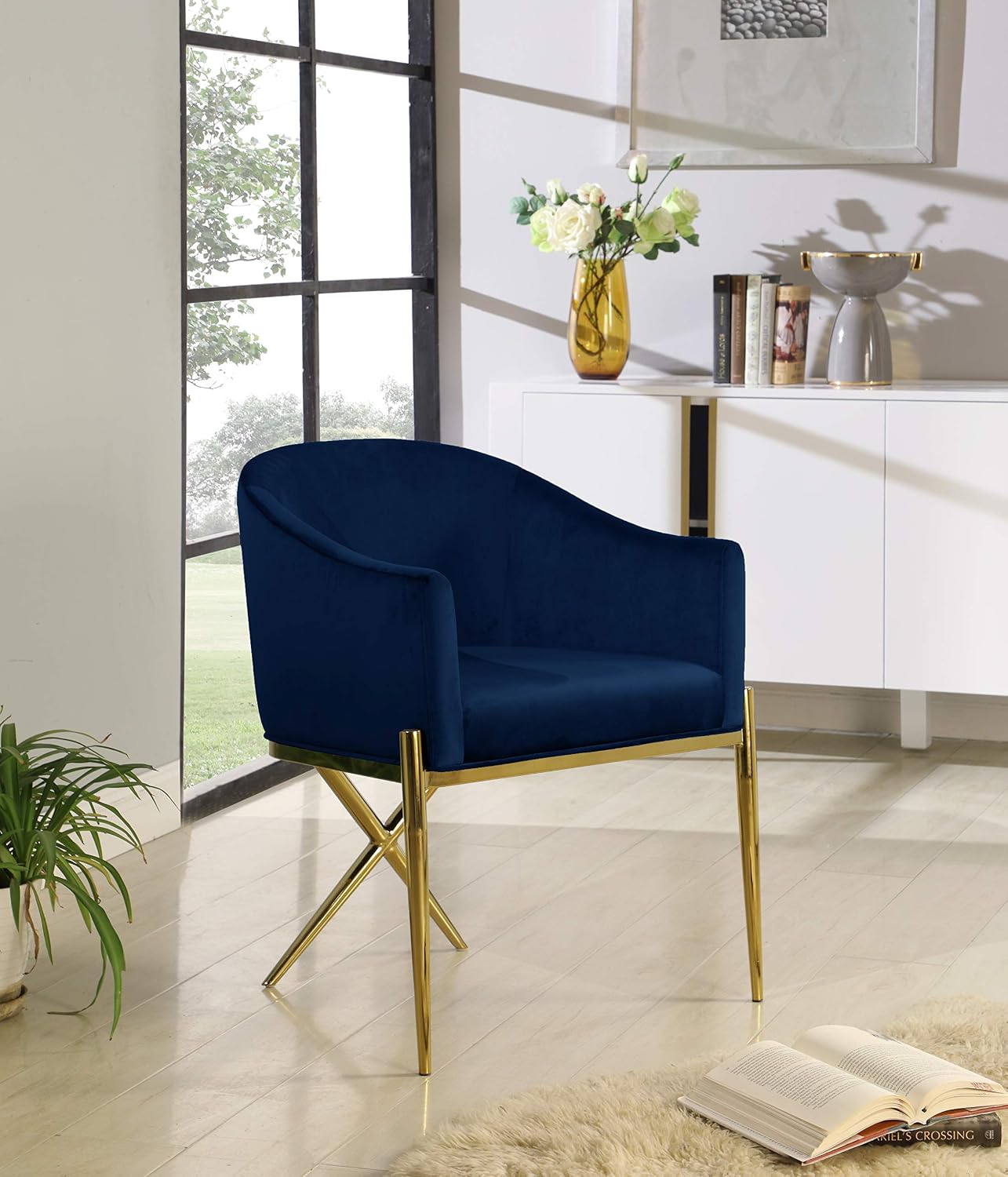 Meridian Furniture Xavier Collection Modern | Contemporary Velvet Upholstered Dining Chair with Sturdy Steel X Shaped Legs, 25.5' W x 24.5' D x 31.5' H, Navy