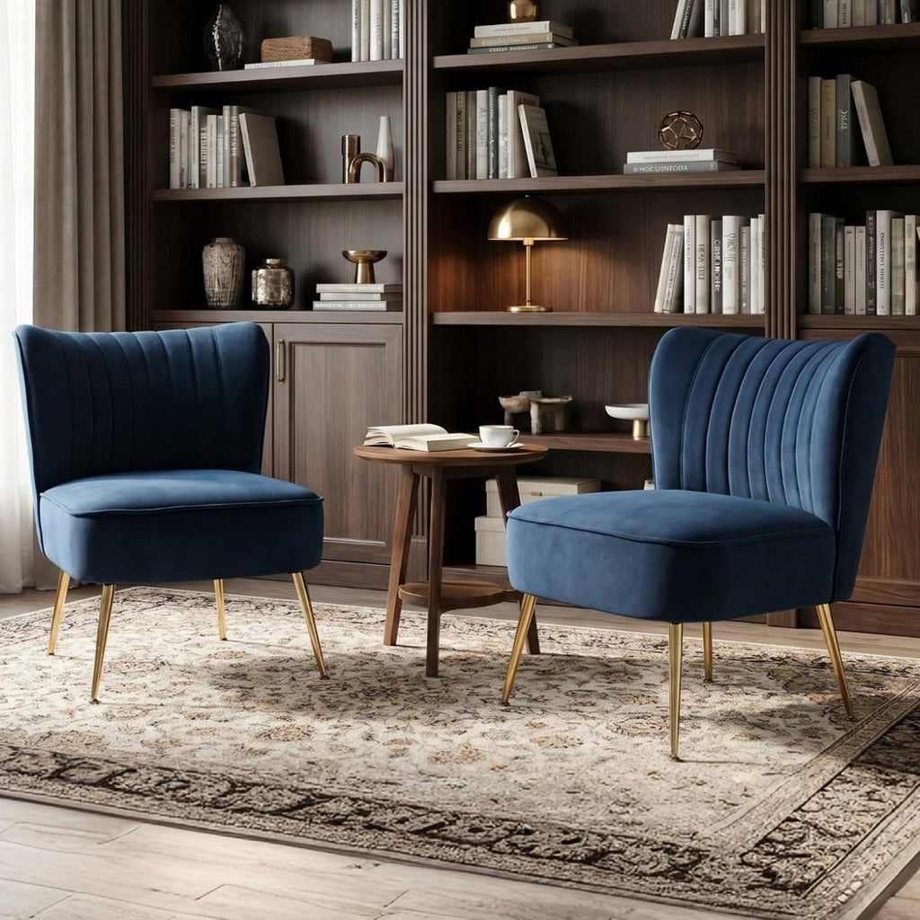 Velvet Accent Chair Set of 2 Comfy Living Room Chair Armless Slipper Chair Mid Century Side Single Sofa Chair with Golden Legs Wingback for Bedroom Guest Room, Blue