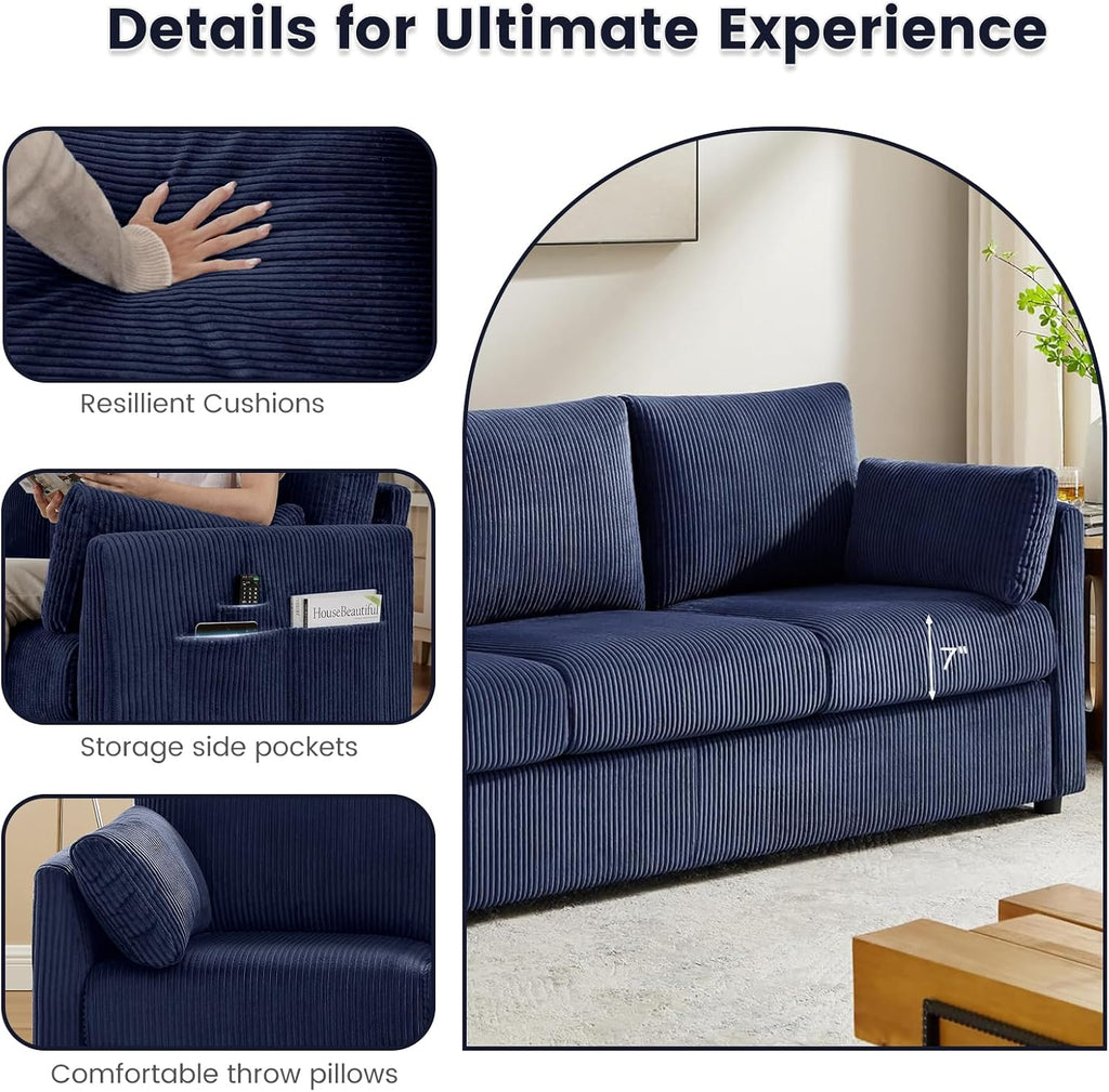 3 Seater Couches for Living Room, 79' Modern Corduroy Sofa with 2 Pillows and Storage Pockets, Small Comfy Couches for Apartment, Small Spaces, Bedroom, Office, Navy Blue