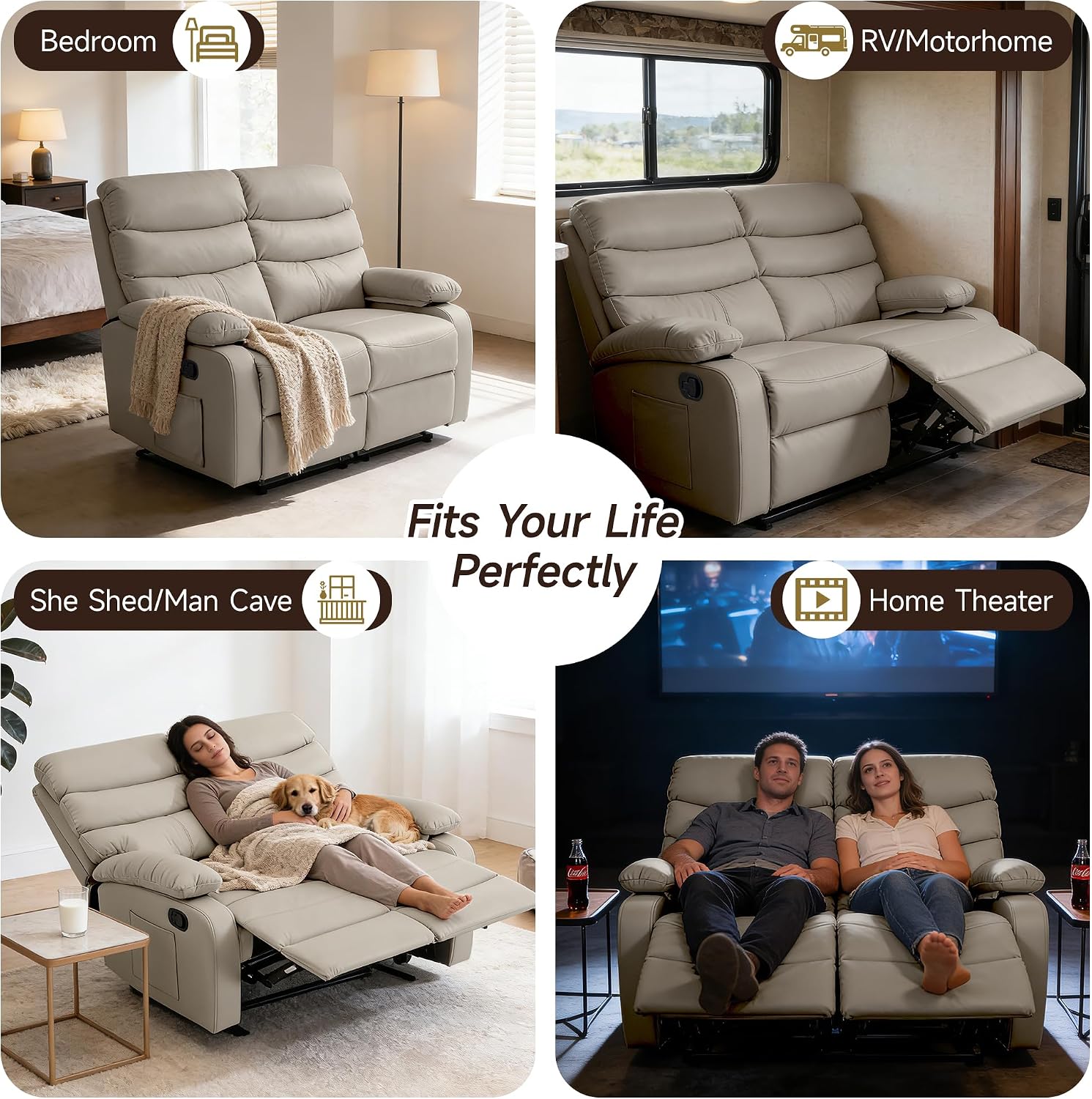 Reclining Loveseat Sofa, Anti-Scratch Leather Manual Loveseat Recliner with Side Pocket, Wall Hugger Loveseat Recliner for Living Room, RV, Home Theater(Beige)