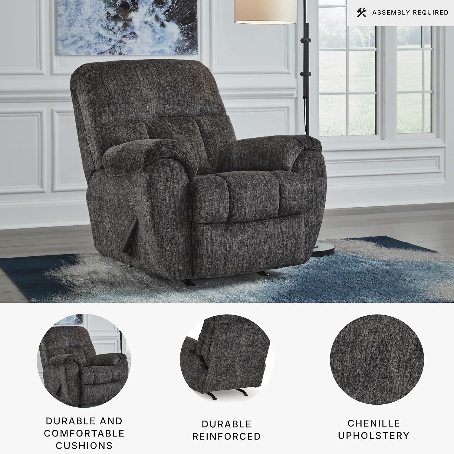 Signature Design by Ashley Rampant Casual Manual Rocker Recliner with Pillow-Top Arms, Gray
