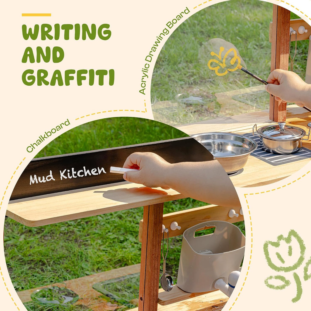 Robud Mud Kitchen, Wooden Outdoor Kitchen for Kids, Pretend Play Set with Sink, Faucet, Planting Pots, Cooking Accessories, Ideal Gift for Boys Girls Ages 3+
