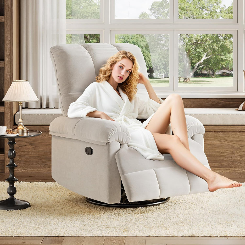 GarveeHome Recliner Chair, 360° Swivel Rocker Glider Nursery Chair with Padded Armrest and Deep Seat, Chenille Upholstered Reclining Sofa Chair for Living Room, Bedroom and Nursery(Cream)