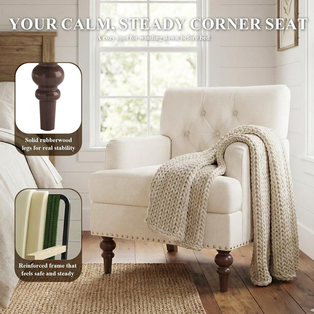 MALOL Upholstered Accent Chair Set of 2, Comfy Reading Chair for Living Room, Mid Century Modern Armchair with Thick Cushion & Solid Rubberwood Legs, for Bedroom/Small Spaces, Beige