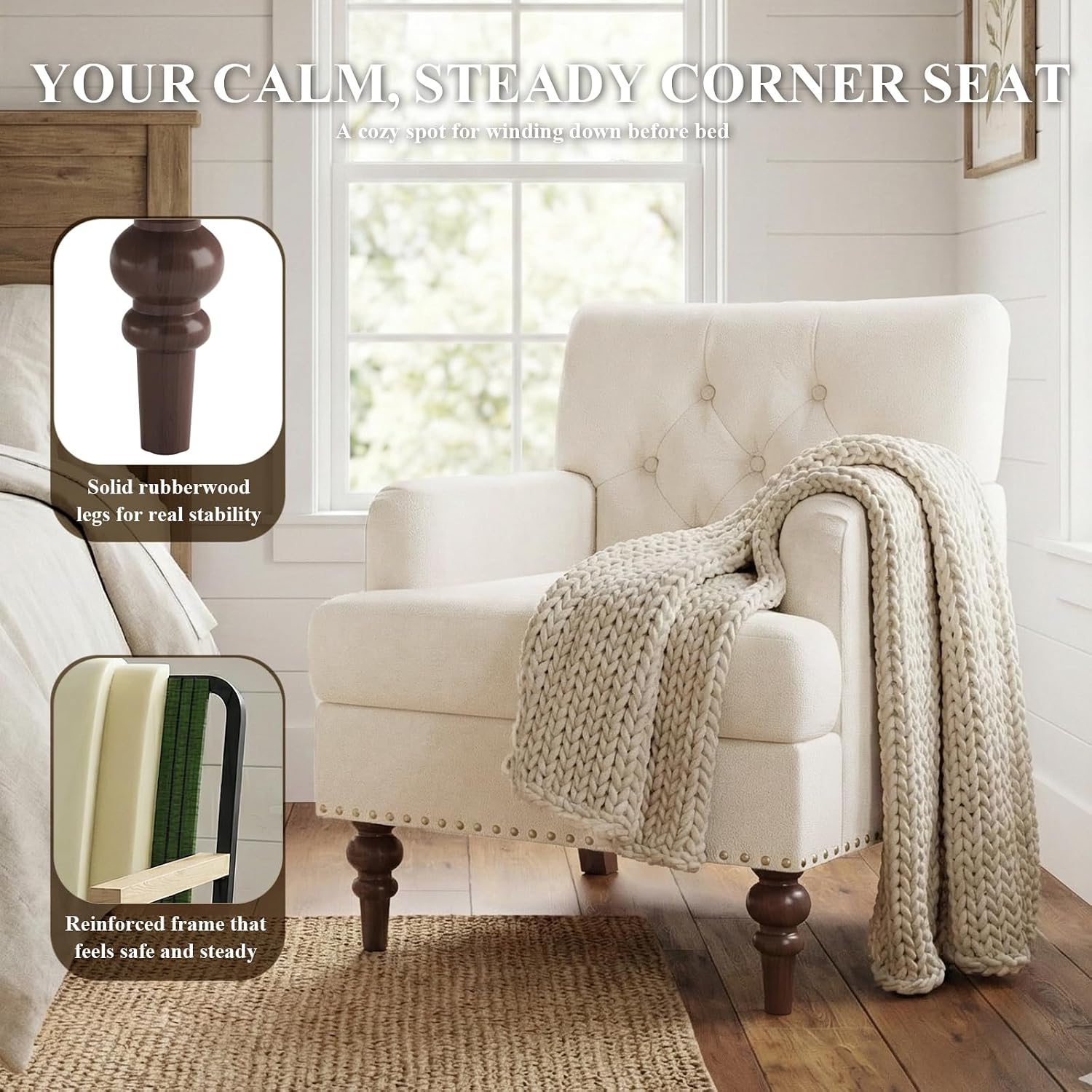 MALOL Upholstered Accent Chair Set of 2, Comfy Reading Chair for Living Room, Mid Century Modern Armchair with Thick Cushion & Solid Rubberwood Legs, for Bedroom/Small Spaces, Beige
