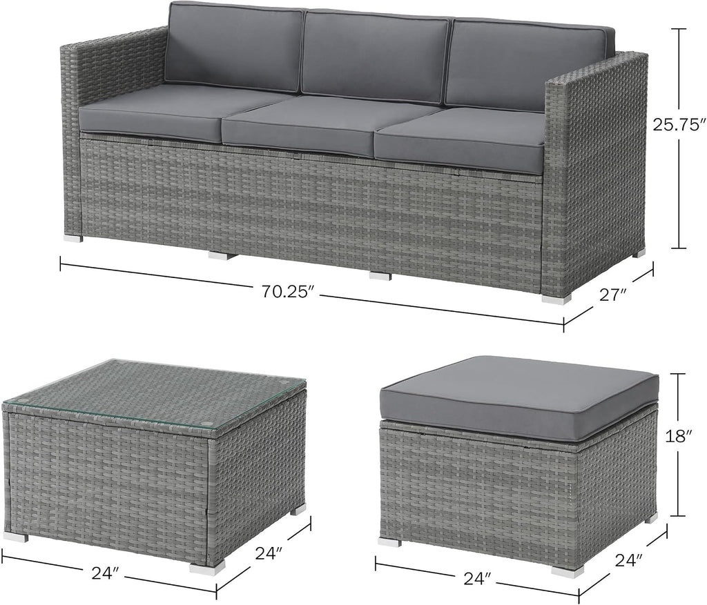 Patio Furniture Set - 3-Piece Rattan Outdoor Sectional, Ottoman, and Table Combo - Deck, Pool, Sunroom, or Backyard Furniture by Lavish Home (Gray)