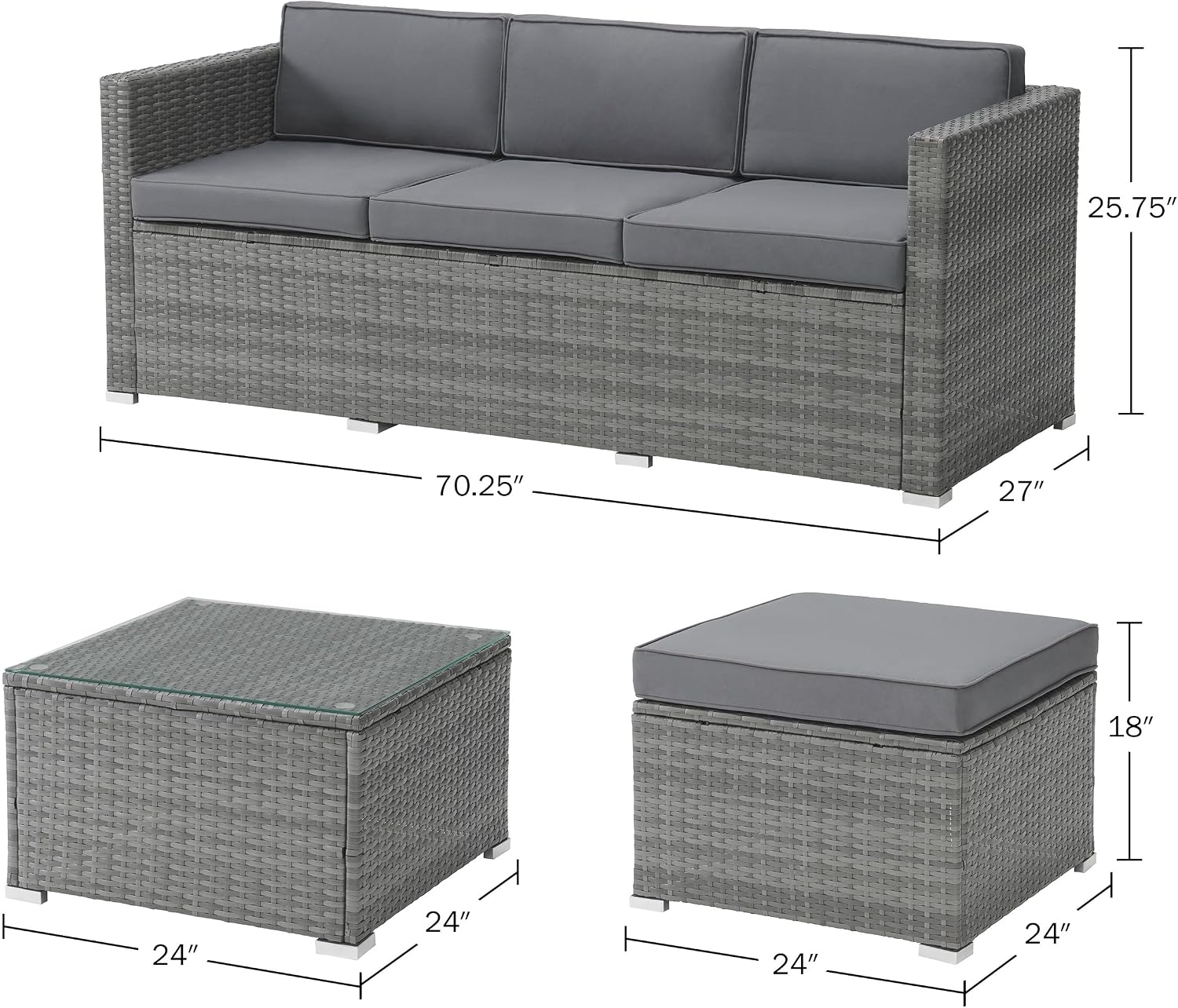 Patio Furniture Set - 3-Piece Rattan Outdoor Sectional, Ottoman, and Table Combo - Deck, Pool, Sunroom, or Backyard Furniture by Lavish Home (Gray)