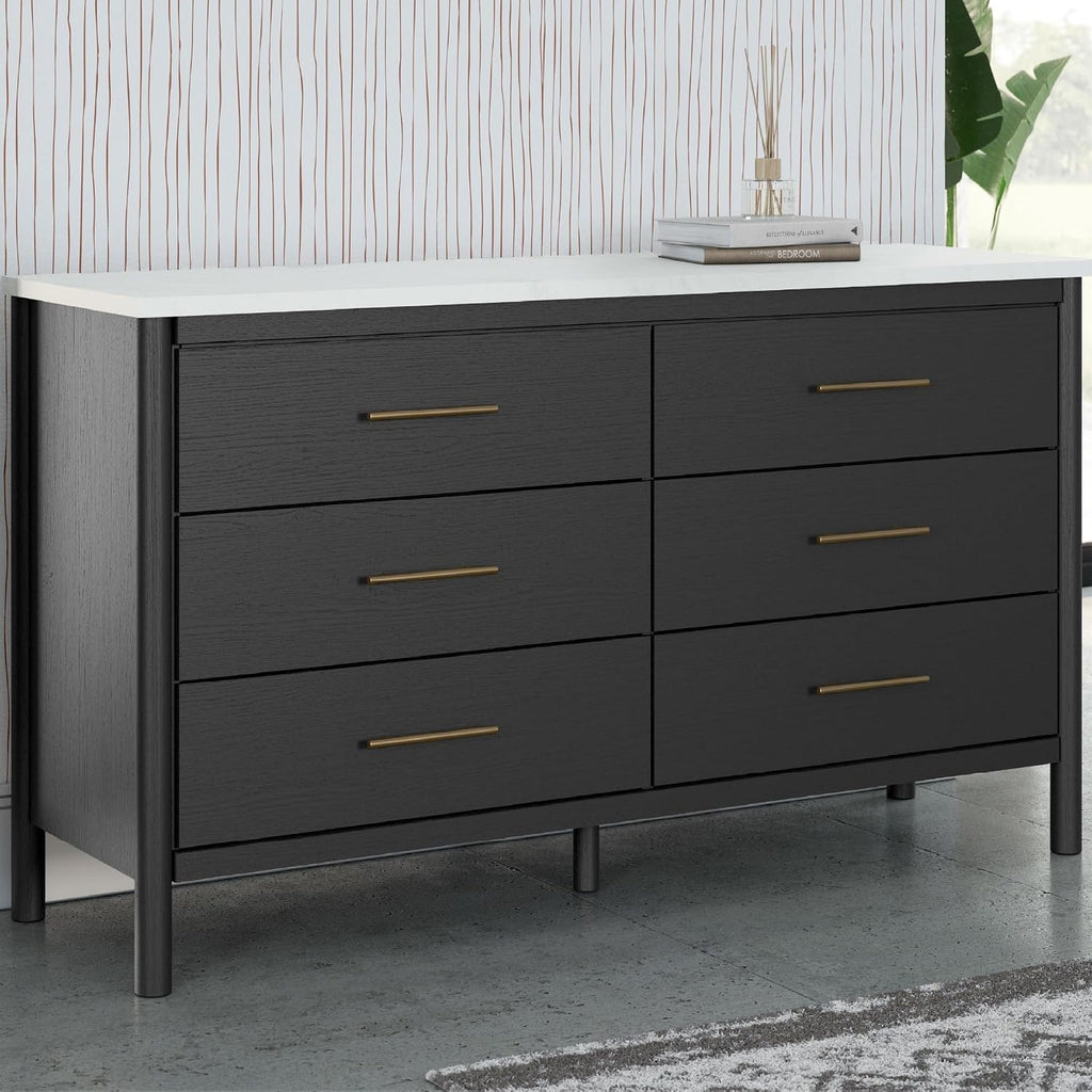 Signature Design by Ashley Cadmori 6 Drawer Dresser, Black Dresser for Bedroom, Matte Black & Replicated White Marble Top, 64' Wide, Engineered Wood Construction, Minor Assembly Required