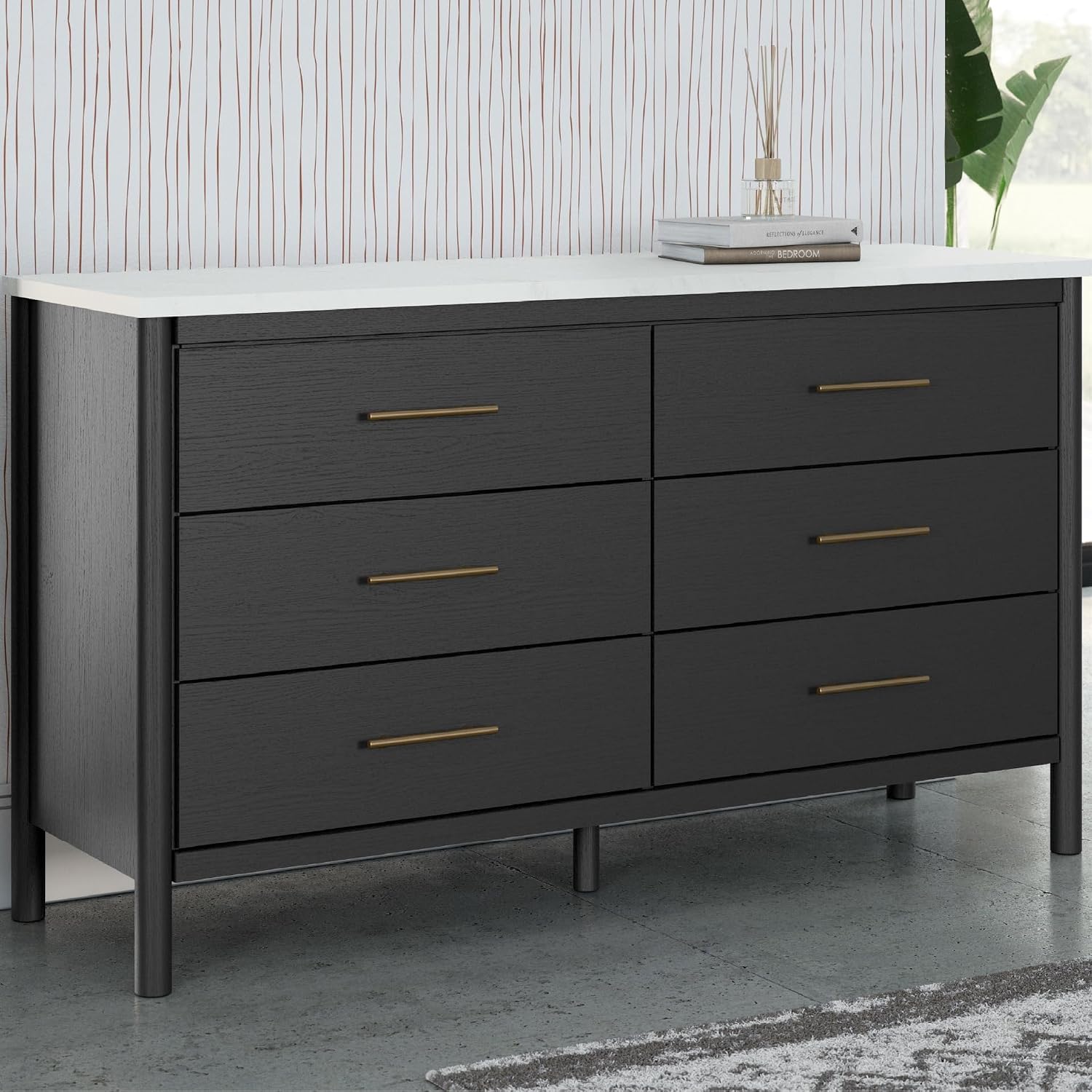 Signature Design by Ashley Cadmori 6 Drawer Dresser, Black Dresser for Bedroom, Matte Black & Replicated White Marble Top, 64' Wide, Engineered Wood Construction, Minor Assembly Required