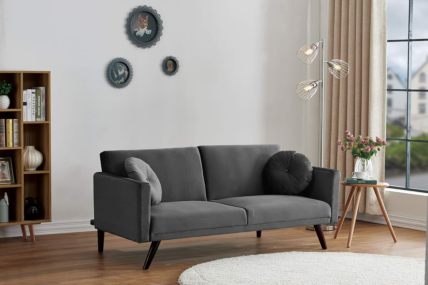 Container Furniture Direct Vintage Modern Retro Style Velvet Living Room Futon Sofa Bed, 72', Fossil Grey